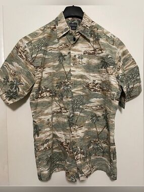 Men's Hawaiian Short Sleeve Shirt - Green Palm Print size L casual vacation